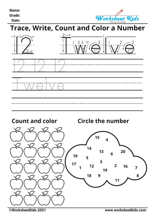 Tracing number twelve - Write names - counting pictures - coloring - finding numbers