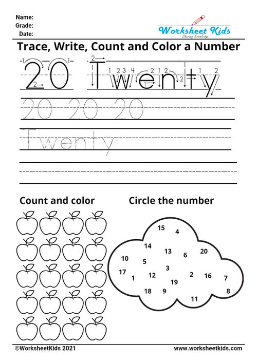 Tracing number twenty - Write names - counting pictures - coloring - finding numbers
