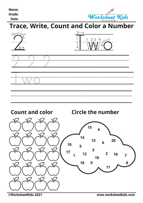 Tracing number two - Write names - counting pictures - coloring - finding numbers
