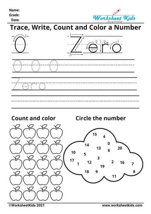 Tracing number zero - Write names - counting pictures - coloring - finding numbers