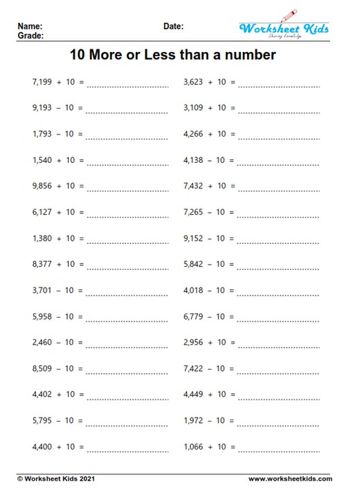 four digit 10 more 10 less than a number worksheets