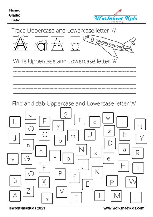 letter A worksheets - Trace Write Find Dab uppercase and lowercase alphabet