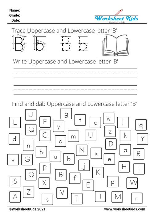 letter B worksheets - Trace Write Find Dab uppercase and lowercase alphabet