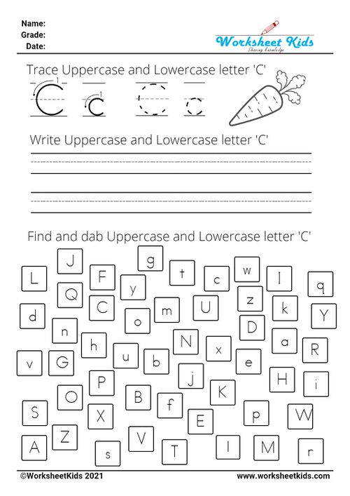 letter C worksheets - Trace Write Find Dab uppercase and lowercase alphabet