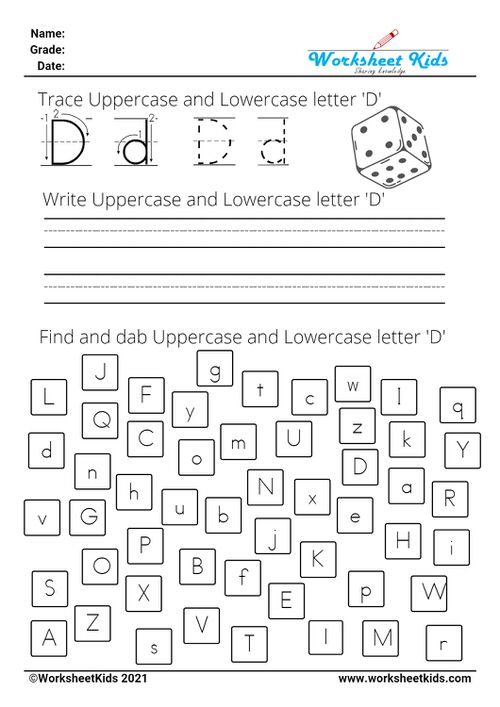 letter D worksheets - Trace Write Find Dab uppercase and lowercase alphabet