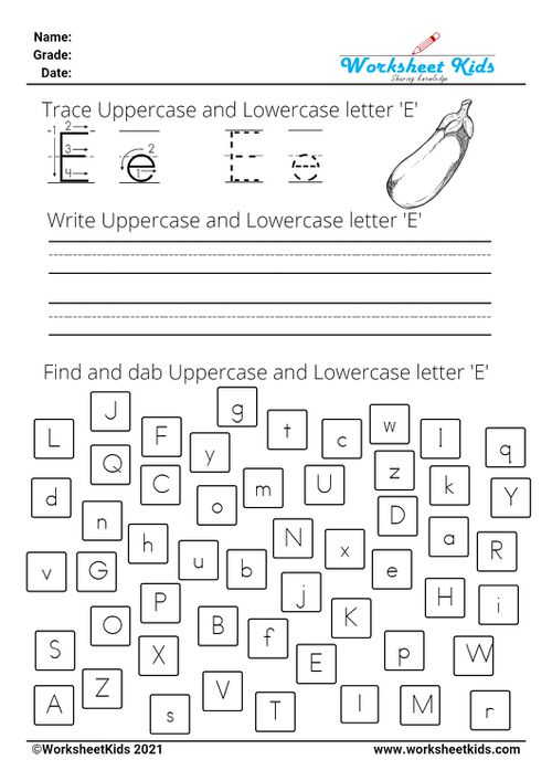 letter E worksheets - Trace Write Find Dab uppercase and lowercase alphabet