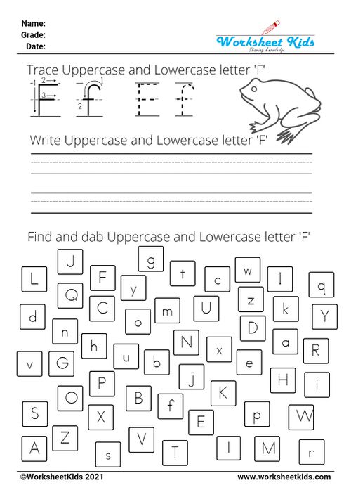 letter F worksheets - Trace Write Find Dab uppercase and lowercase alphabet