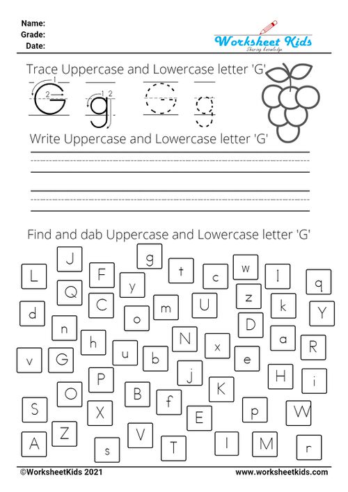 letter G worksheets - Trace Write Find Dab uppercase and lowercase alphabet