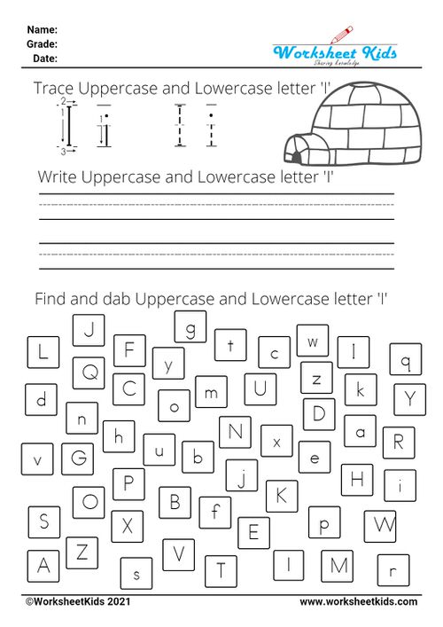 letter I worksheets - Trace Write Find Dab uppercase and lowercase alphabet