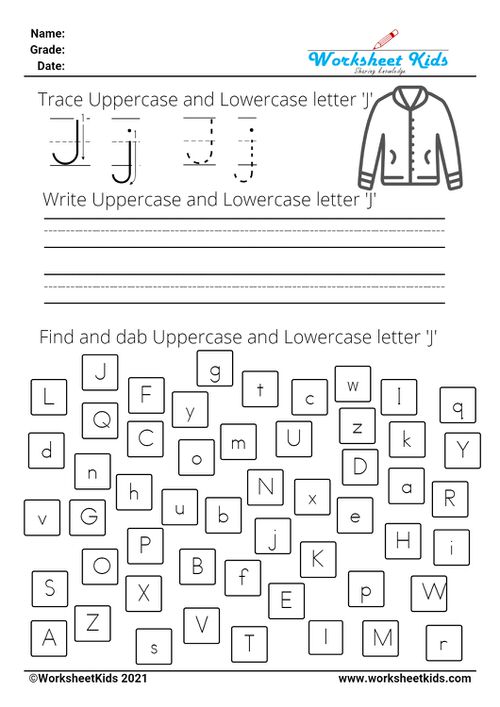 letter J worksheets - Trace Write Find Dab uppercase and lowercase alphabet