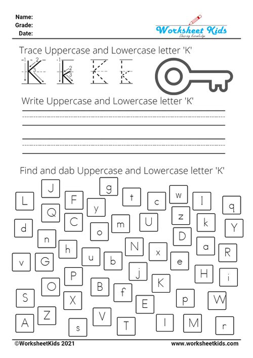letter K worksheets - Trace Write Find Dab uppercase and lowercase alphabet