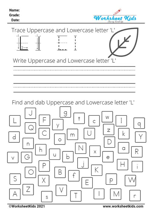 letter L worksheets - Trace Write Find Dab uppercase and lowercase alphabet