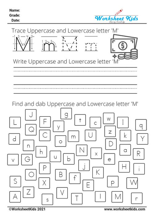 letter M worksheets - Trace Write Find Dab uppercase and lowercase alphabet