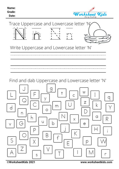 letter N worksheets - Trace Write Find Dab uppercase and lowercase alphabet