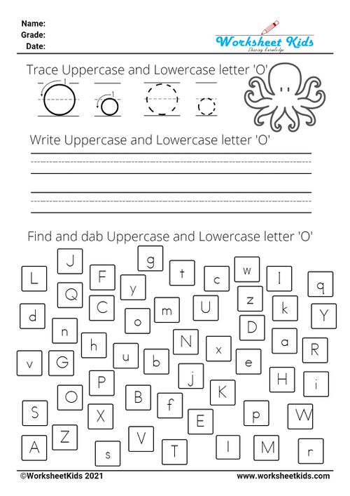 letter O worksheets - Trace Write Find Dab uppercase and lowercase alphabet