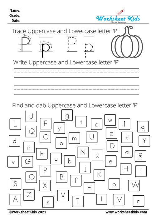 letter P worksheets - Trace Write Find Dab uppercase and lowercase alphabet