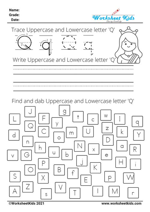 letter Q worksheets - Trace Write Find Dab uppercase and lowercase alphabet