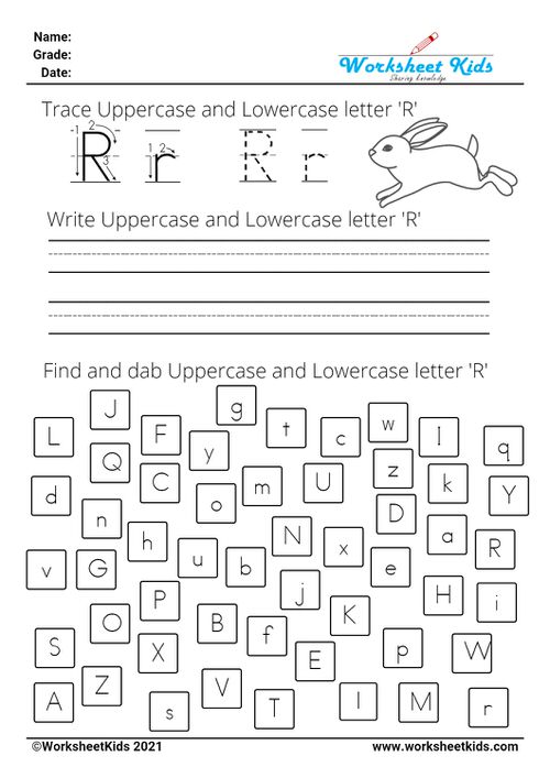 letter R worksheets - Trace Write Find Dab uppercase and lowercase alphabet