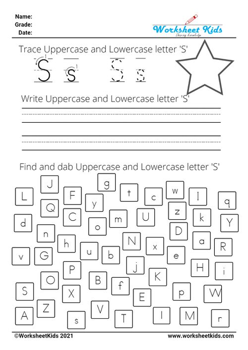 letter S worksheets - Trace Write Find Dab uppercase and lowercase alphabet