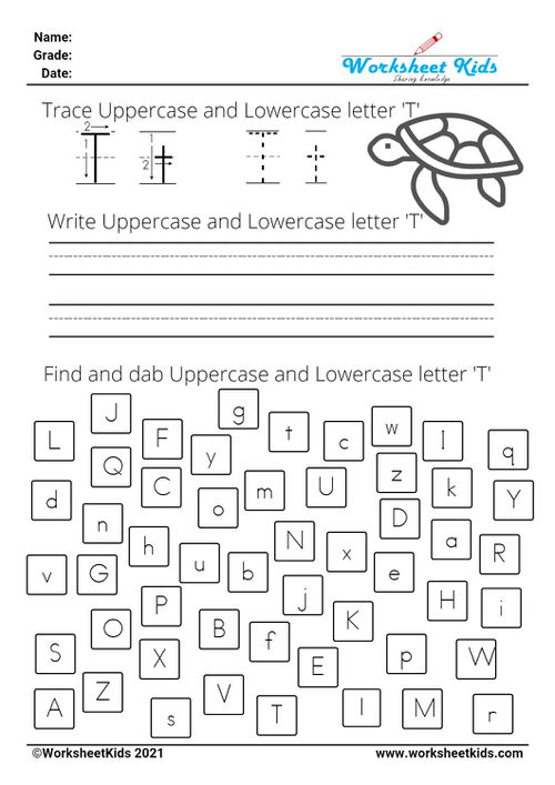 letter T worksheets - Trace Write Find Dab uppercase and lowercase alphabet