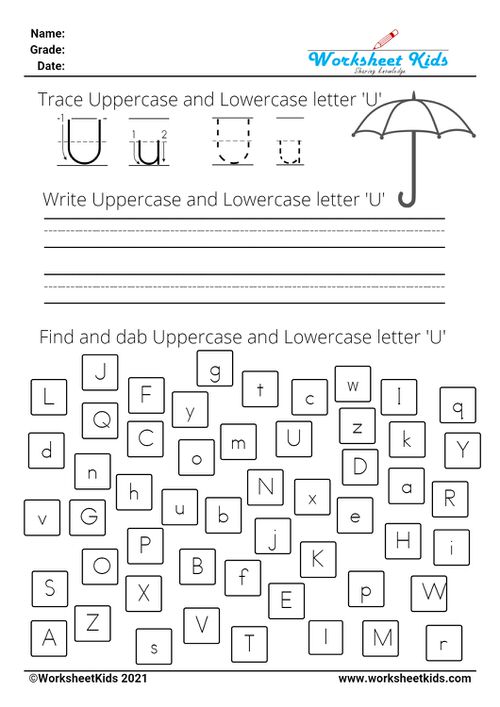 letter U worksheets - Trace Write Find Dab uppercase and lowercase alphabet