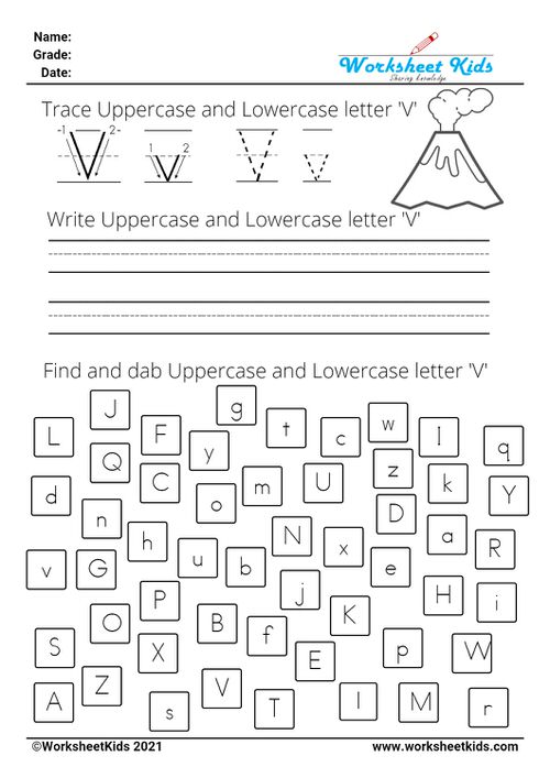 letter V worksheets - Trace Write Find Dab uppercase and lowercase alphabet