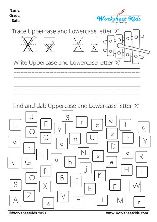 letter X worksheets - Trace Write Find Dab uppercase and lowercase alphabet