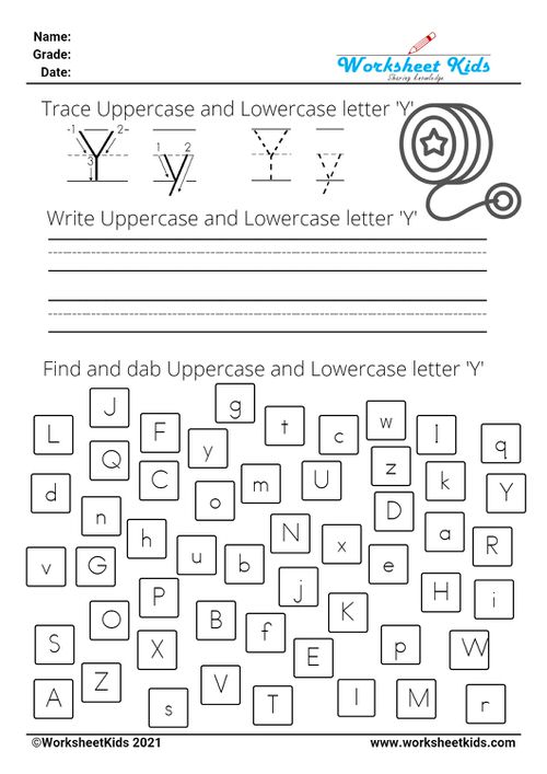 letter Y worksheets - Trace Write Find Dab uppercase and lowercase alphabet