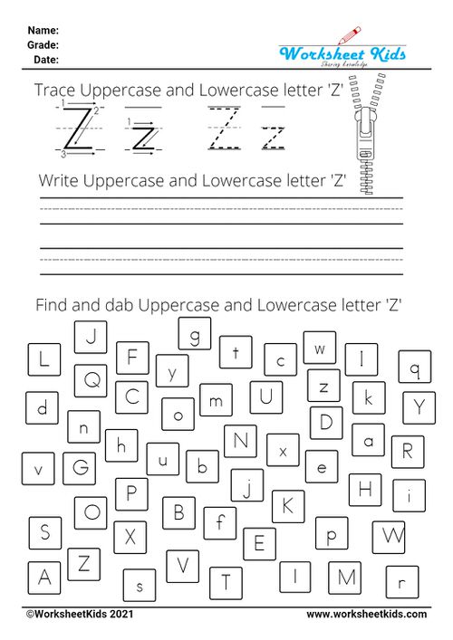 letter Z worksheets - Trace Write Find Dab uppercase and lowercase alphabet