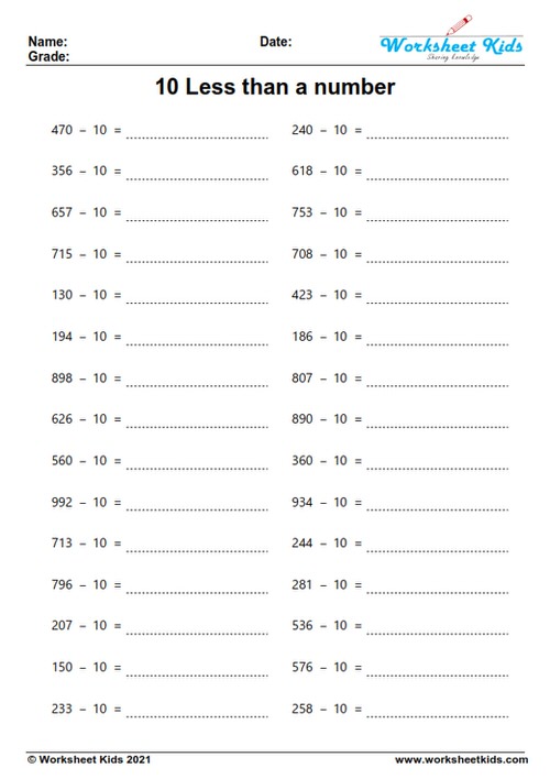 three digit 10 less than a number worksheets