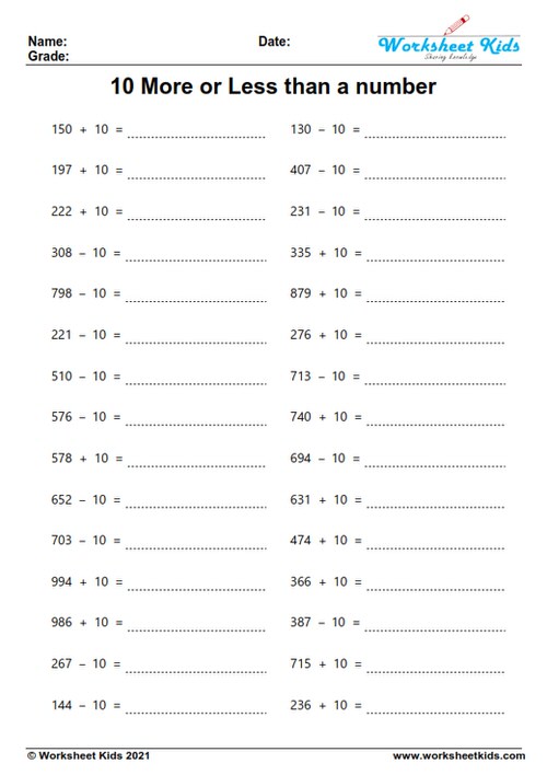 three digit 10 more 10 less than a number worksheets