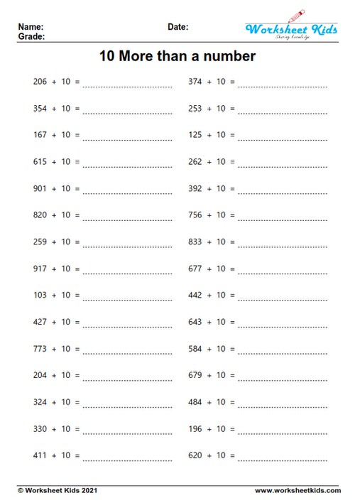 three digit 10 more than a number worksheets