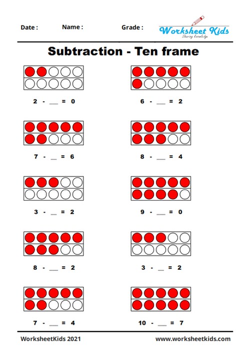 10 frame subtraction 1 to 10 kindergarten worksheets