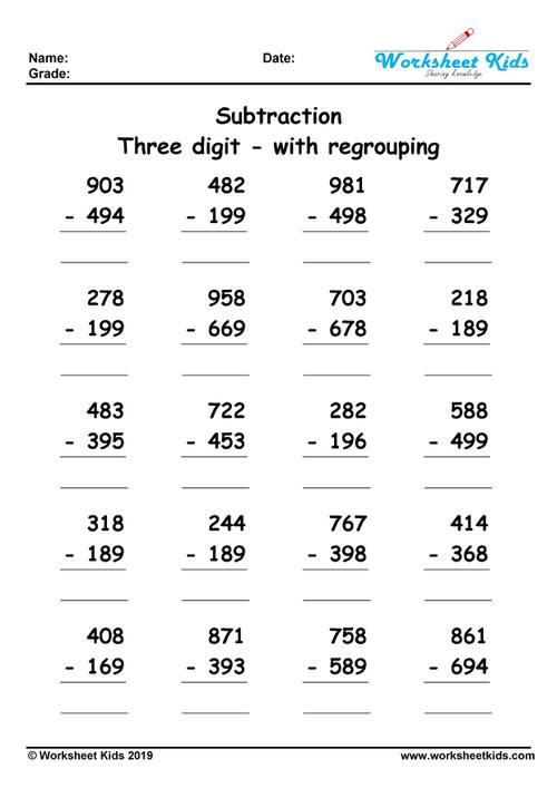 3 digit subtraction with regrouping worksheets 2nd grade