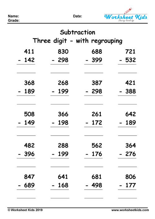 3 digit subtraction with regrouping worksheets 3rd grade