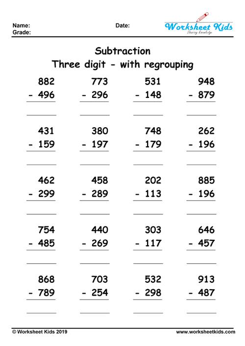 3 digit subtraction with regrouping worksheets for 2nd and 3rd grade pdf