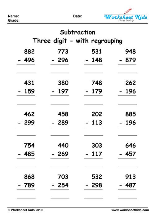 3 digit subtraction with regrouping