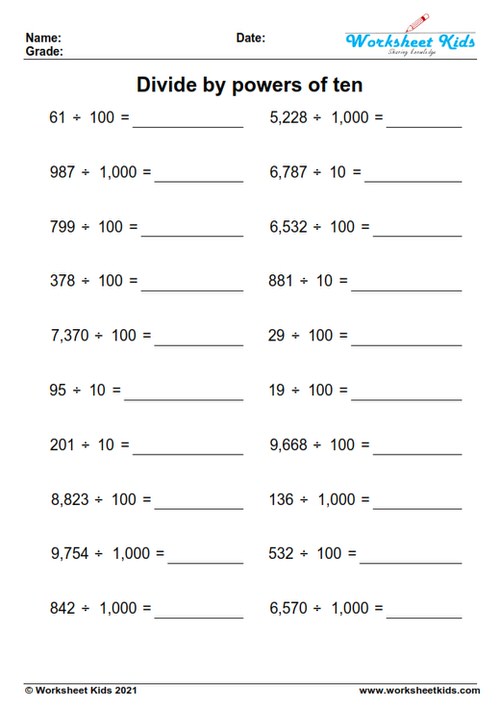 dividing by 10 100 1000 worksheets pdf