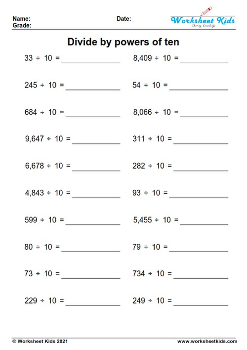 dividing by 10 worksheets