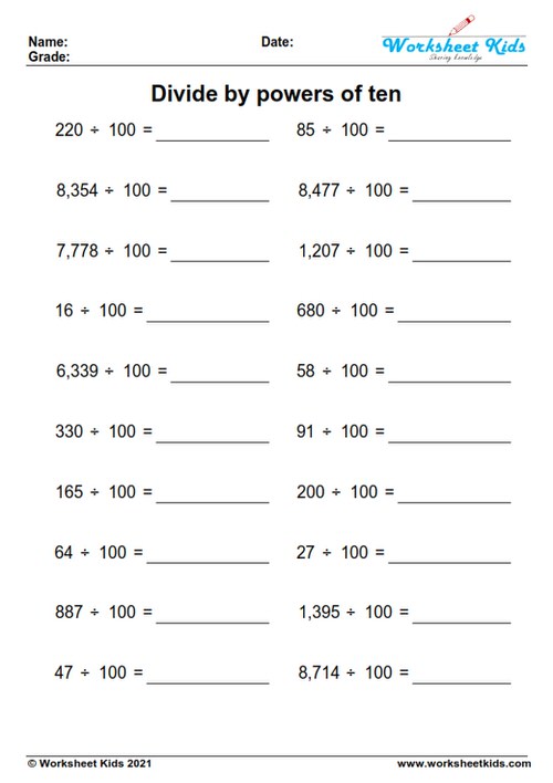 dividing by 100 worksheets pdf