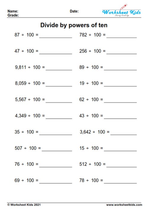 dividing by 100 worksheets