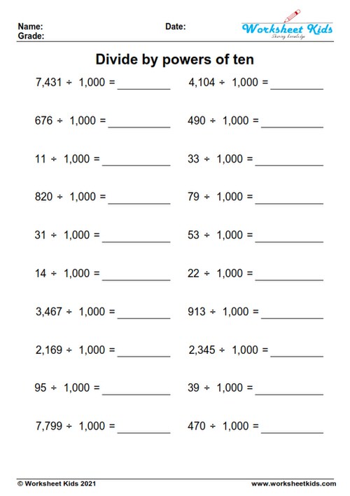 dividing by 1000 worksheets