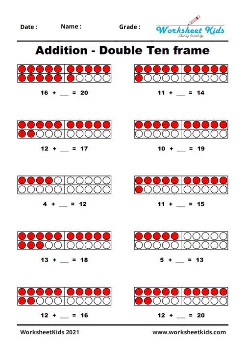 dots addition with double ten frames kindergarten 1st grade free printable