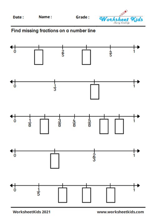 Missing fractions on a number line worksheets for 3rd grade