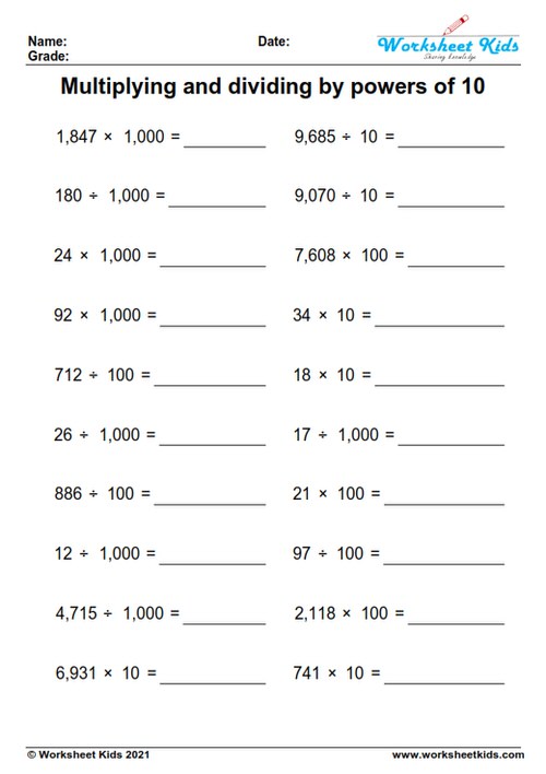 multiplying and dividing by powers of 10 worksheets pdf
