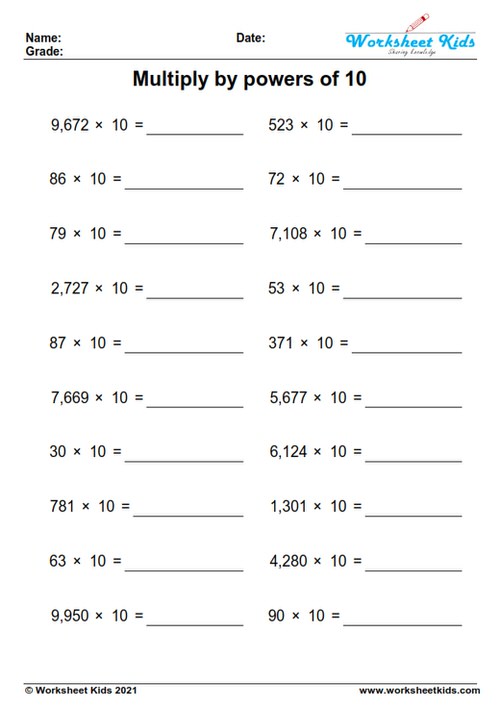 multiplying by 10 worksheets