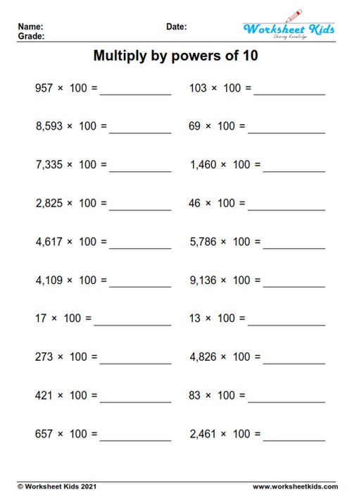 multiplying by 100 worksheets