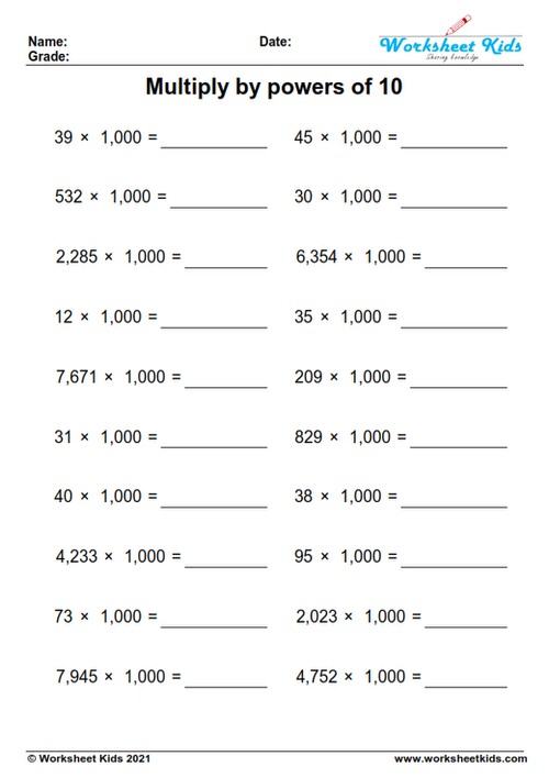 multiplying by 1000 worksheets