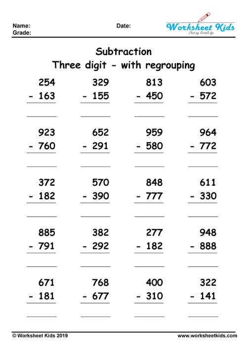 three digit subtraction with regrouping
