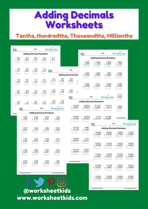 Adding Decimals Worksheets in pdf vertical